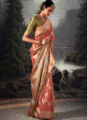 Woven Peach and Green Party Wear Organza Saree