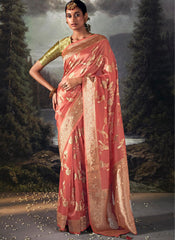 Woven Peach and Green Party Wear Organza Saree