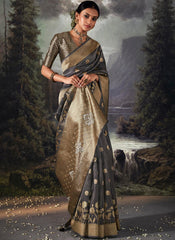 Woven Dark Grey Party Wear Organza Saree