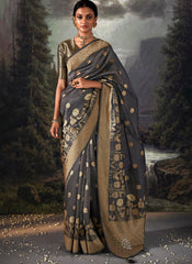 Woven Dark Grey Party Wear Organza Saree