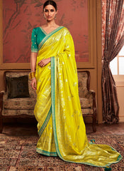 Woven Yellow and Rama Green Dola Silk Saree