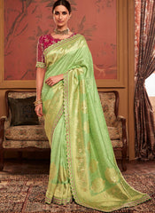 Woven Light Green and Magenta Dola Silk Saree
