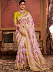 Woven Pastel Purple and Yellow Dola Silk Saree