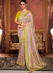 Woven Light Purple and Yellow Dola Silk Saree