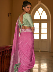 Woven Onion Pink and Sea Green Pure Nylon Crape Saree