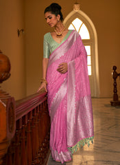 Woven Onion Pink and Sea Green Pure Nylon Crape Saree