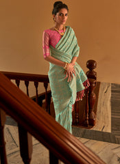 Woven Sea Green and Peach Pure Nylon Crape Saree