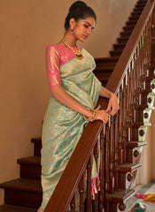 Woven Sea Green and Peach Pure Nylon Crape Saree