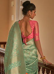 Woven Sea Green and Peach Pure Nylon Crape Saree