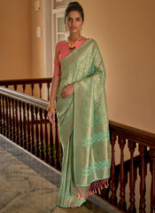 Woven Sea Green and Peach Pure Nylon Crape Saree