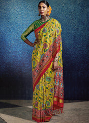Yellow , Red and Green Kalamkari and Patola Print Traditional Silk Saree - nirshaa