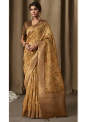 Goldenish Yellow Digital Printed Banarasi Tissue Jacquard Saree