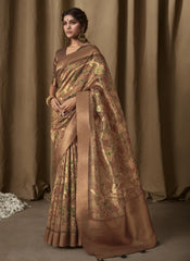 Goldenish Brown Digital Printed Banarasi Tissue Jacquard Saree