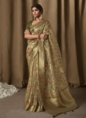 Goldenish Green Digital Printed Banarasi Tissue Jacquard Saree