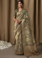 Grey Digital Printed Banarasi Tissue Jacquard Saree