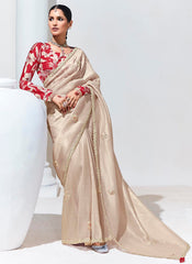 Beige and Red Embroidered Organza Saree