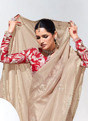 Beige and Red Embroidered Organza Saree