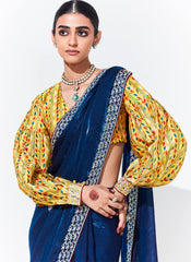 Blue and Yellow Embroidered Organza Saree