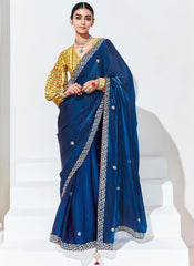 Blue and Yellow Embroidered Organza Saree