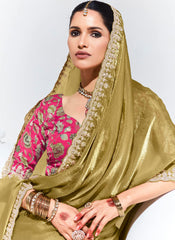 Golden and Pink Embroidered Organza Saree