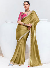 Golden and Pink Embroidered Organza Saree