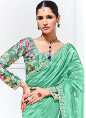 Sea Green Embroidered Organza Saree