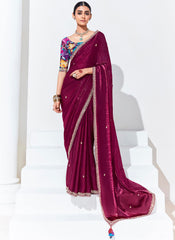 Wine Embroidered Organza Saree