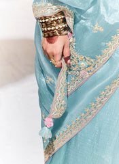 Light Blue and Pink Embroidered Organza Saree