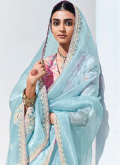 Light Blue and Pink Embroidered Organza Saree