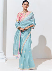 Light Blue and Pink Embroidered Organza Saree