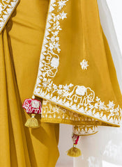 Mustard Yellow and Rani Embroidered Organza Saree