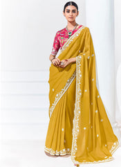 Mustard Yellow and Rani Embroidered Organza Saree