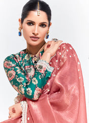 Dusty Pink and Firozi Embroidered Organza Saree