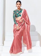 Dusty Pink and Firozi Embroidered Organza Saree