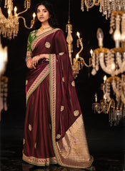 Maroon and Green Embroidered Tradittional Festive Saree