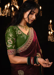 Maroon and Green Embroidered Tradittional Festive Saree