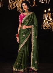 Olive Green and Magenta Embroidered Tradittional Festive Saree