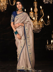 Ivory and Blue Embroidered Tradittional Festive Saree