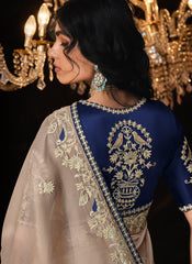 Ivory and Blue Embroidered Tradittional Festive Saree