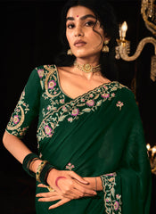 Dark Green Embroidered Tradittional Festive Saree