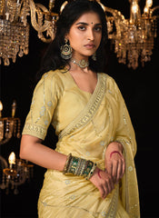 Cream-Yellow Embroidered Tradittional Festive Saree