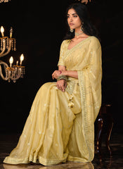 Cream-Yellow Embroidered Tradittional Festive Saree