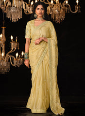 Cream-Yellow Embroidered Tradittional Festive Saree