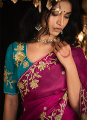 Magenta and Firozi Embroidered Tradittional Festive Saree