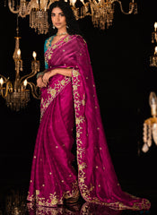 Magenta and Firozi Embroidered Tradittional Festive Saree