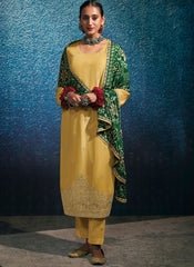 Yellow and Green Embroidered Modal Silk Straight Cut Suit - nirshaa