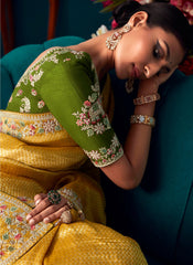 Yellow and Green Kanjivaram Soft Silk Saree