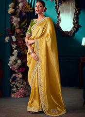 Yellow and Green Kanjivaram Soft Silk Saree