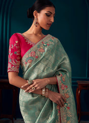 Sky Blue and Rani Kanjivaram Soft Silk Saree