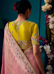 Baby Pink and Yellow Kanjivaram Soft Silk Saree